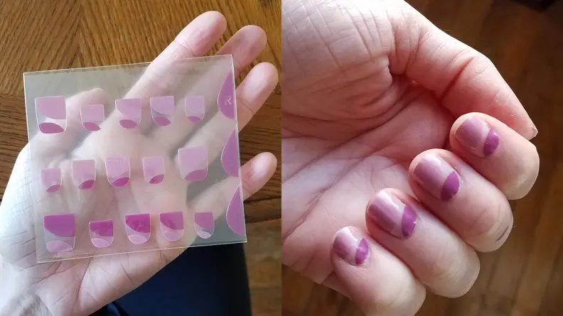 On the left: The author holding a clear sticker sheet with the Berry Compote set of gel stick-on nails from Manime. On the right: The author's nails after applying the Berry Compote nail set.