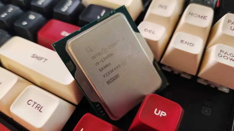 The Intel Core sitting on a keyboard.