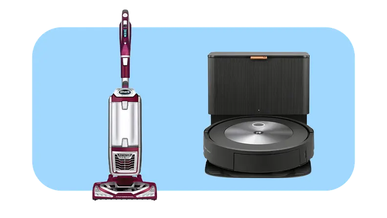Product shots of the Shark NV752 Rotator Powered Lift-Away TruePet vacuum cleaner next to the iRobot Roomba j7+ robot vacuum.