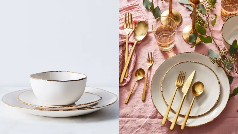 On left, a set of three stacked and matching dishes. On right, a table setting with gold-rimmed dishes