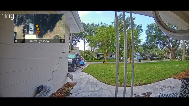 The Ring home security app shows a new video doorbell feature called Bird's Eye View