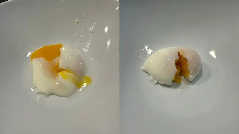Runny poached egg inside of porcelain bowl next to overcooked poached egg.