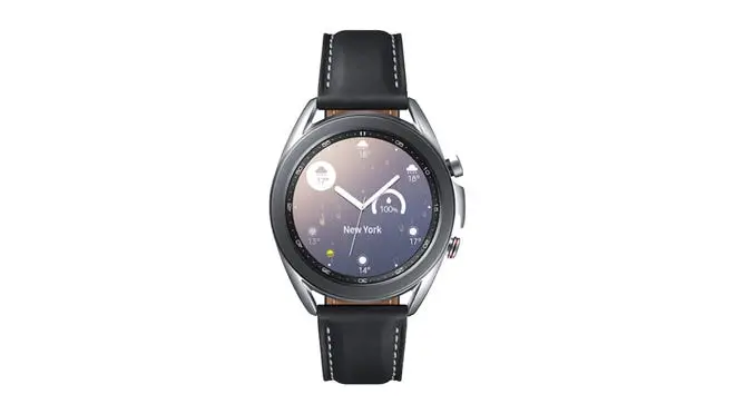 Silver watch with black leather band