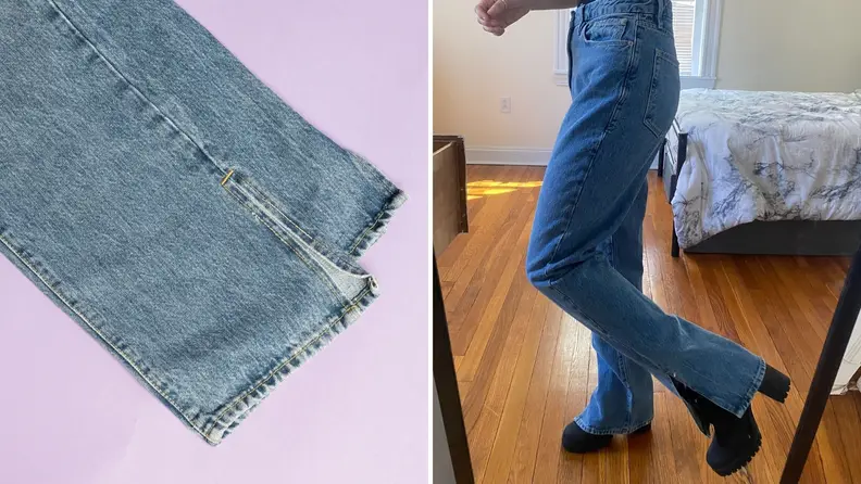 Good American Good Boy jeans on a lavendar background and worm by a person taking a mirror selfie