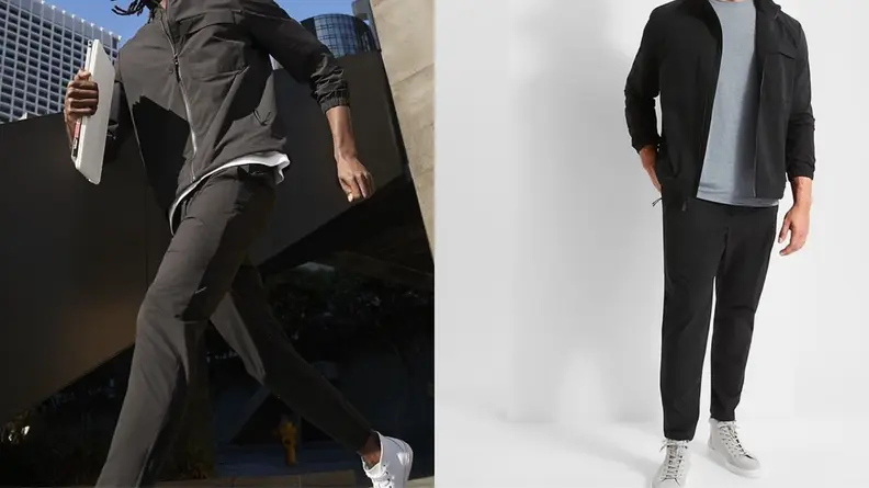 In separate images, two individuals model cool-weather clothing.