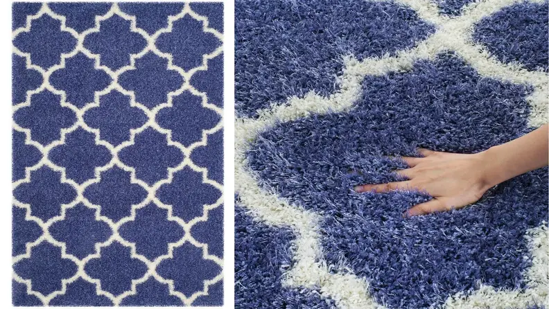 Close up of a deep blue rug.