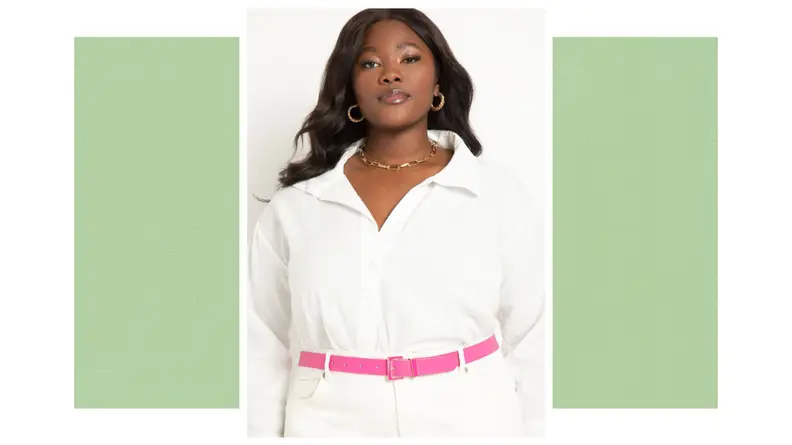 A model wearing a bright pink belt with a pink enamel belt buckle.