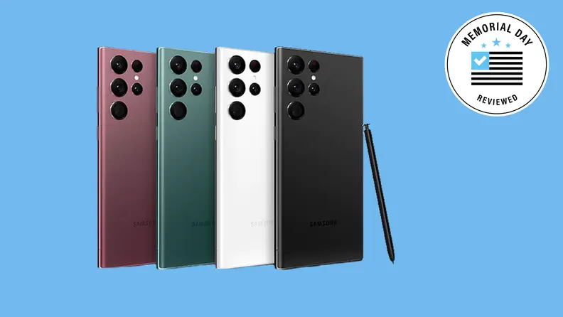 A various collection of Samsung smartphones against a blue background.