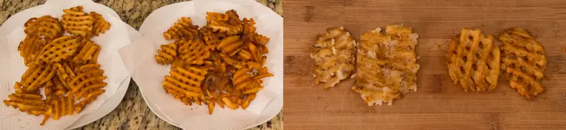 Conventional oven fries on the left in both shots. The color looks correct in both, but the smoosh test reveals all!