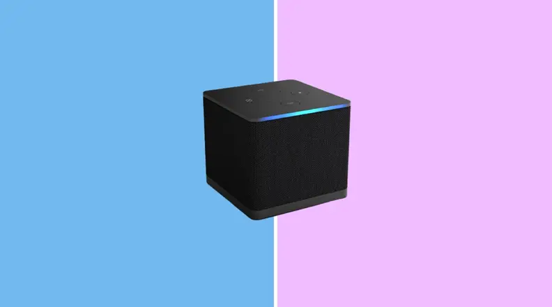 THe Amazon Fire TV Cube on a pink and blue background