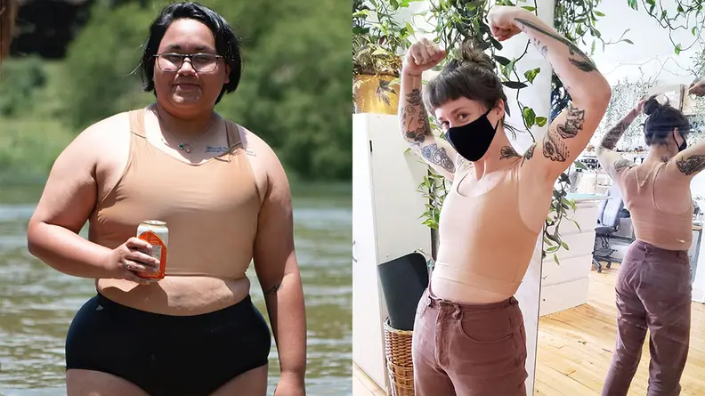 A plus-size person with glasses wearing a beige binder and black bottoms in a river, holding a can, next to a person with arm tattoos wearing a beige binder and brown pants standing in front of a mirror with their arms above their head.