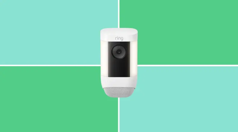 Ring Spotlight Cam Pro Battery on a green and blue background