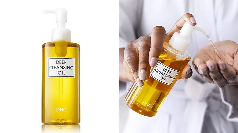 On the left: The DHC Deep Cleansing Oil in its clear bottle that reveals the yellow oil stands on a white background. On the right: A person pumps the DHC Deep Cleansing Oil onto their hand.