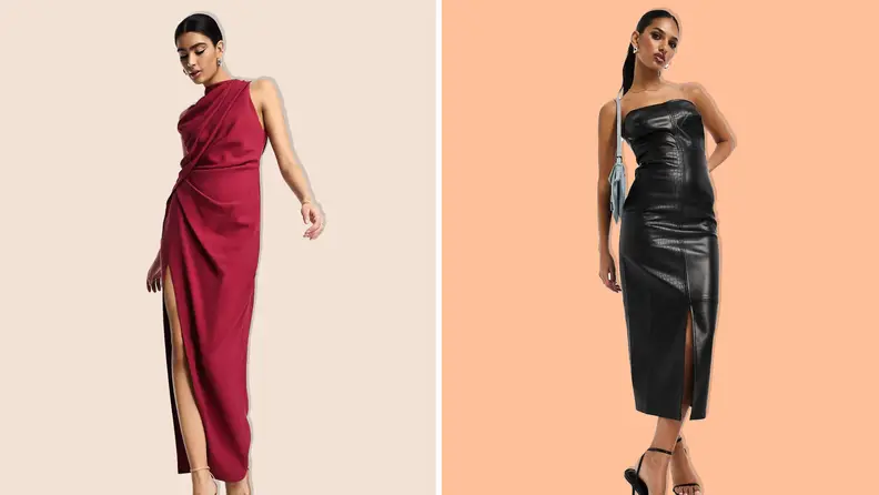 A woman wearing a red dress and a woman wearing a black dress on a tan and orange background.