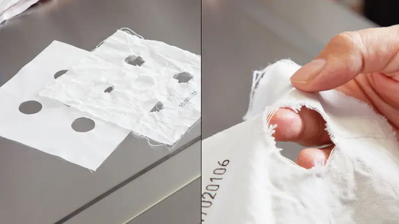 On left, square pieces of distressed fabric with holes. On right, person holding fabric with hole in fingers.