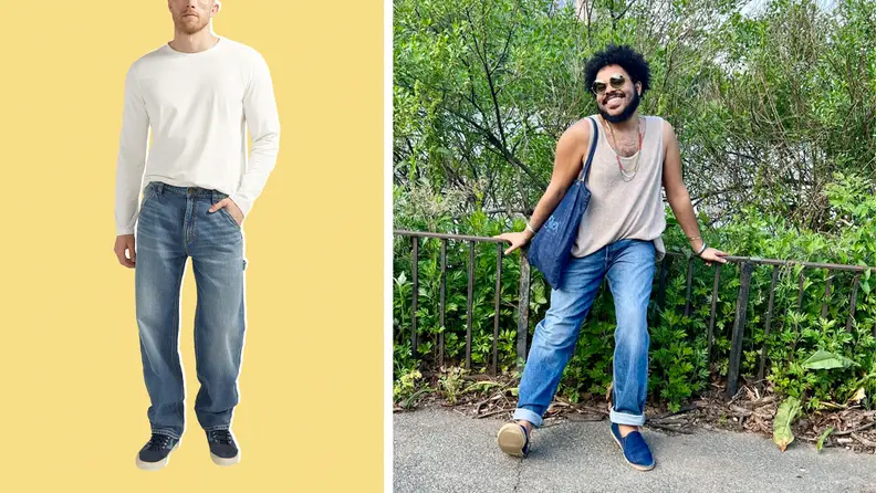 A pair of relaxed jeans and a photograph of the author wearing the same pair of jeans with a beige tank to.
