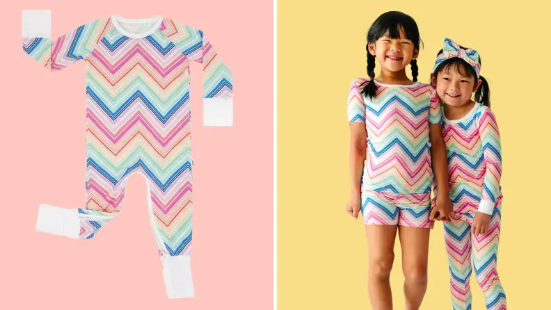 Little Sleepies' Rainbow Chevron PJs next to two children wearing them