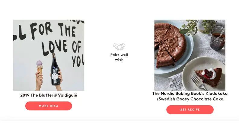 Screenshots of two recipes that are recommended to pair with specific wines.