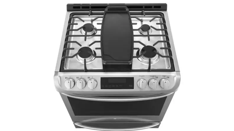 A top-down look at the LG lssg3017st gas range cooktop, which includes four standard burners, and a center oval-shaped burner covered by a cast-iron griddle(not included).