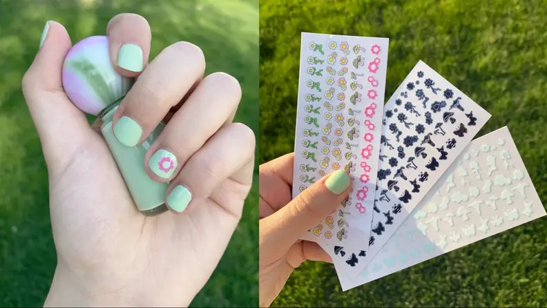 A hand with nails painted mint green holds the Sprouting nail polish container, next to an image of a hand holding three sheets of stickers.