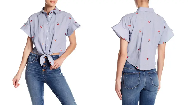 Love, Fire Front Tie Ruffle Sleeve Pinstripe Blouse