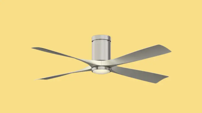 The Fanimation Studio Collection AireFlush, one of the best ceiling fans out there, is shown on a yellow background.