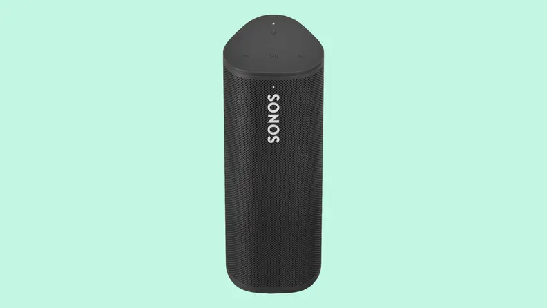 A Sono Roam Bluetooth speaker on a green background.