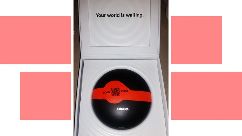Eargo 7 charging case inside of box packaging.