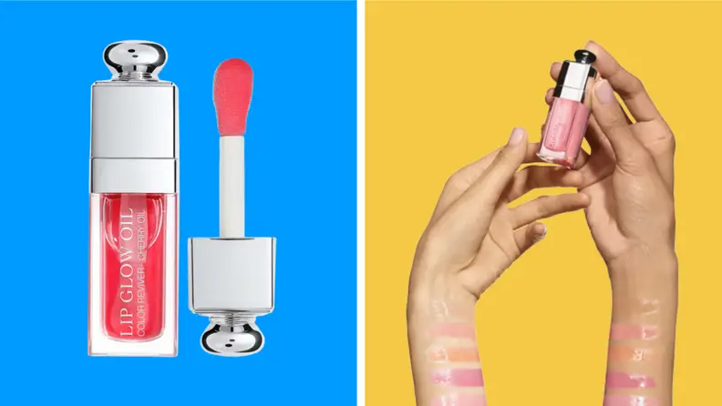A Dior Lip Glow Oil next to a woman holding a Dior Lip Glow Oil.