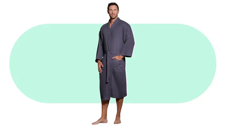 A person modeling a Full Coverage Turquaz Linen Robe.