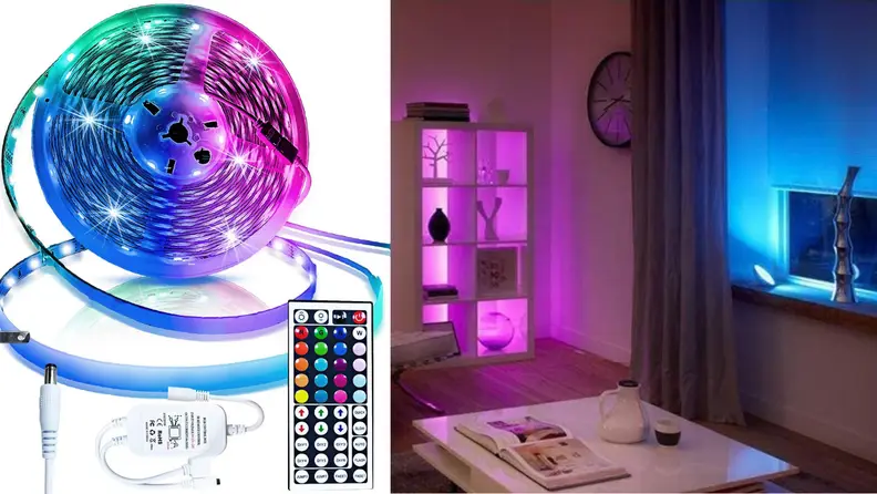 On left, roll of LED lights lit up, next to multi-colored remote. On right, living room lit up with blue and purple lights