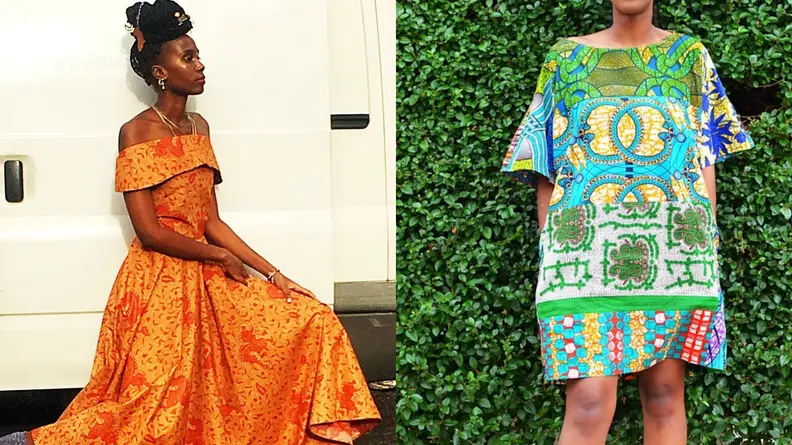 Two images of products from Sosomeshop including an orange patterned dress on a model and a shift dress in blue and green on another model.