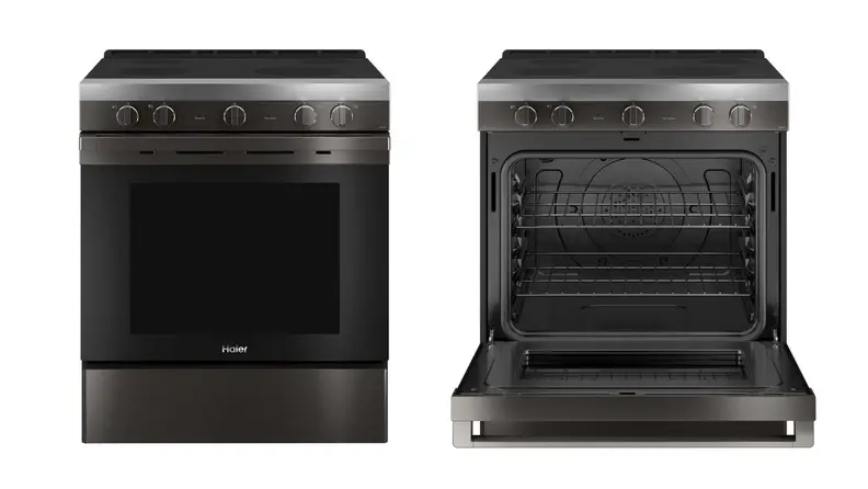 The Hair QSS740BNTS electric range shown from the front with the door open and the door closed. wit