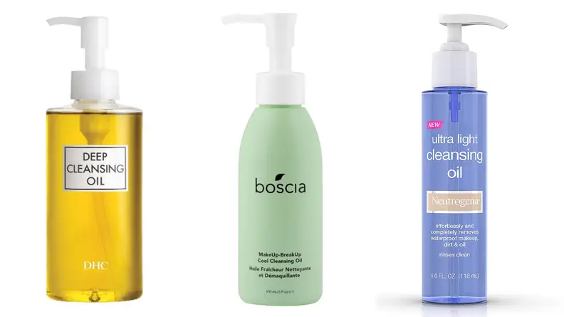 A photo of the DHC Deep Cleansing Oil, the Boscia MakeUp-BreakUp Cool Cleansing Oil, and the Neutrogena Ultra Light Cleansing Oil.