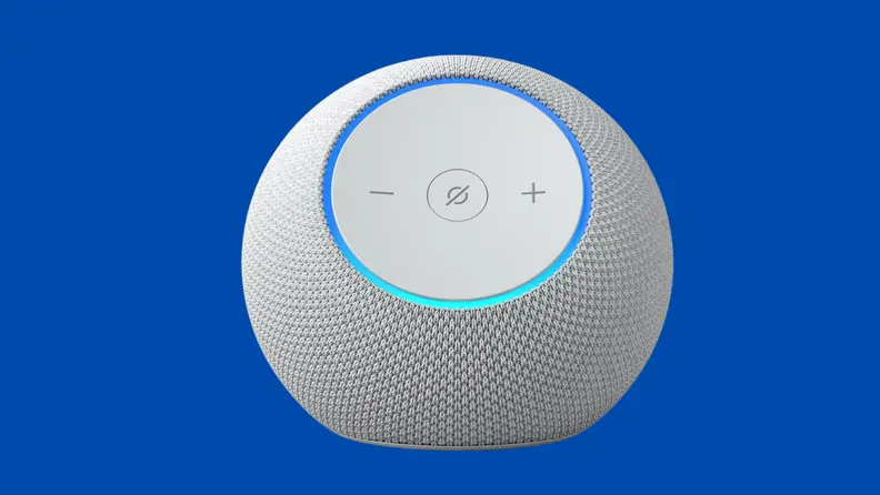 The 2025 release Amazon Echo Dot Max smart speaker on a blue background