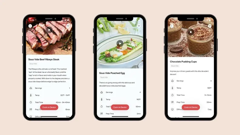 Three smartphones featuring different recipes from Typhur.