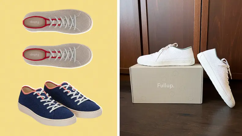 Two pairs of FullUp shoes on a yellow background and a pair of white FullUp shoes on a box.