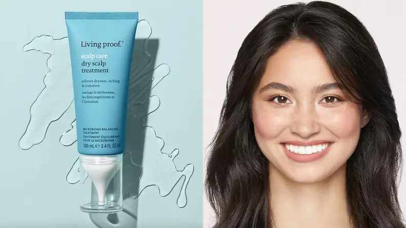 On the left: A blue Living Proof squeeze tube. On the right: A person with long dark hair smiling at the camera.