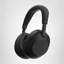 Two people listen to music through over-the-ear headphones
