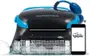 Close-up of a black and blue Dolphin Nautilus CC Plus Wi-Fi robotic pool cleaner at the edge of an outdoor swimming pool.