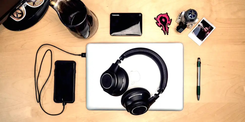 A work desk with many accessories