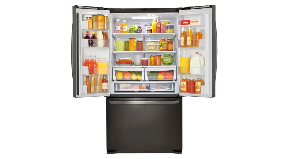 The dark stainless steel finish looks sharp on this French door refrigerator.