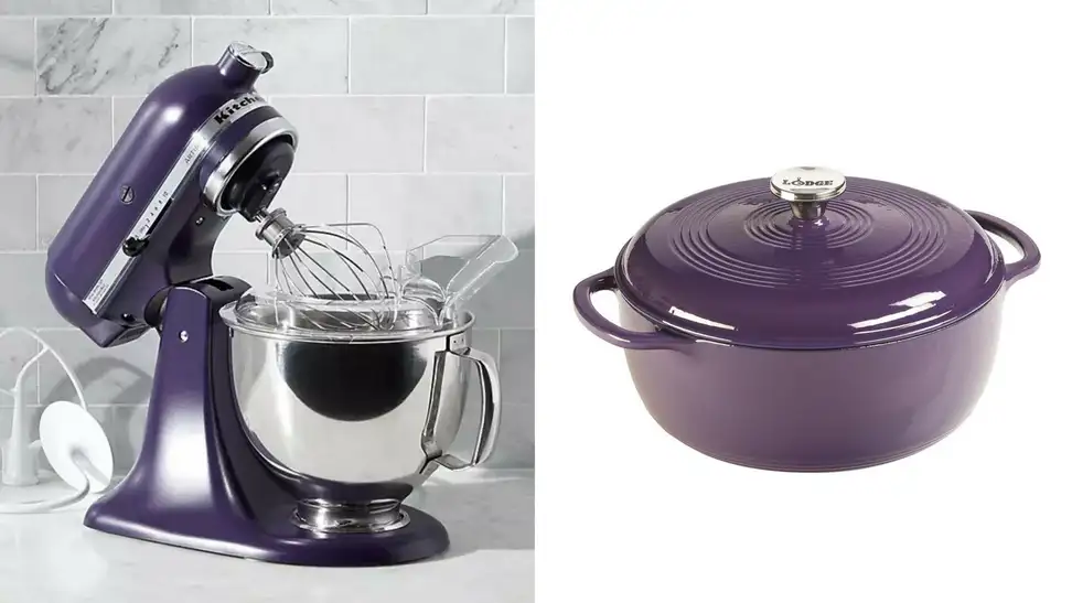 Kitchen Aid stand mixer and lodge cast iron skillet in violet