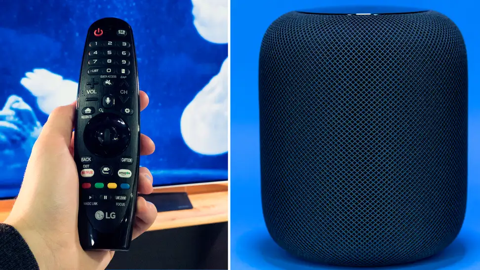 An LG OLED TV remote control and an Apple HomePod