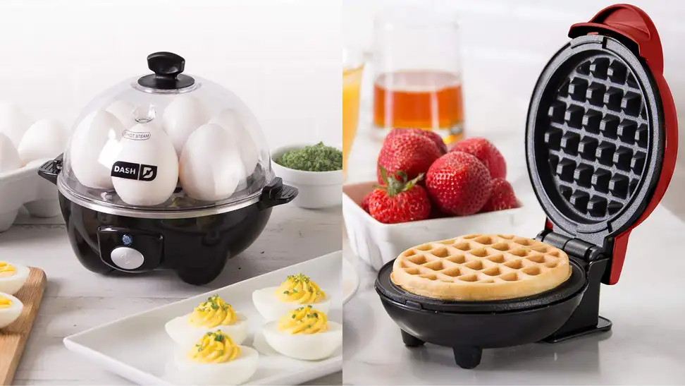 On the left, there's a Dash egg cooker, with some boiled half eggs; on the right, there's a red Dash mini waffle maker.