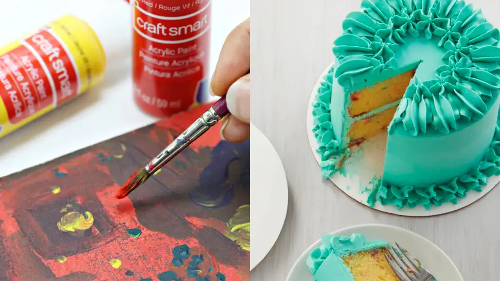 Image of person painting next to a cake with green icing