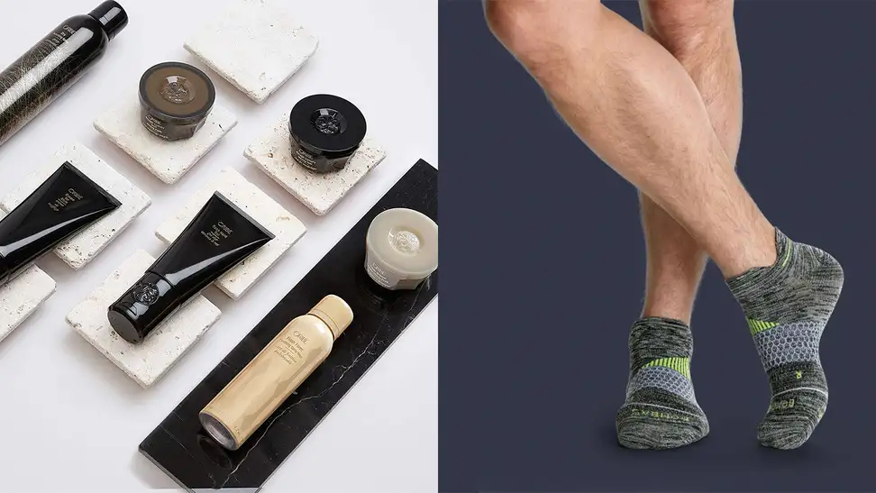 A photo of Oribe products next to a photo of Bombas socks.
