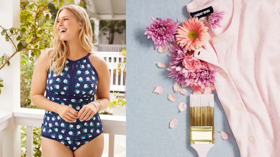 Woman in swimsuit; cardigan next to paintbrush