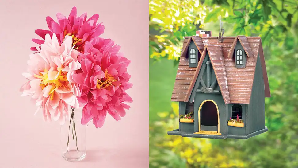 A photo of origami flowers next to a photo of a birdhouse.