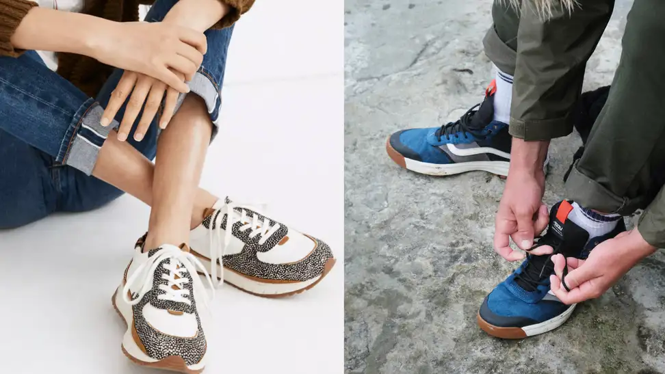 Side by side of colorful sneakers.